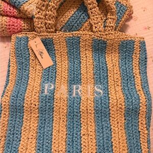 Chic Paris Striped Tote Bag - Blue and Tan